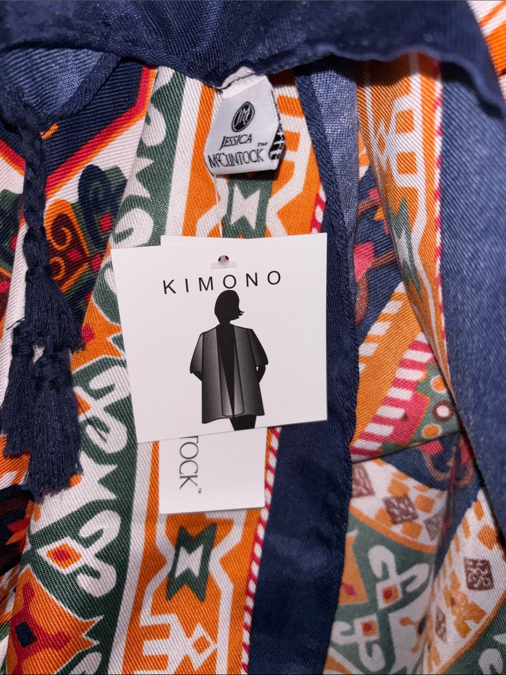 Jessica McClintock Orange, Navy & Green Geometric Kimono w/Tassles, NWT - Picture 9 of 10